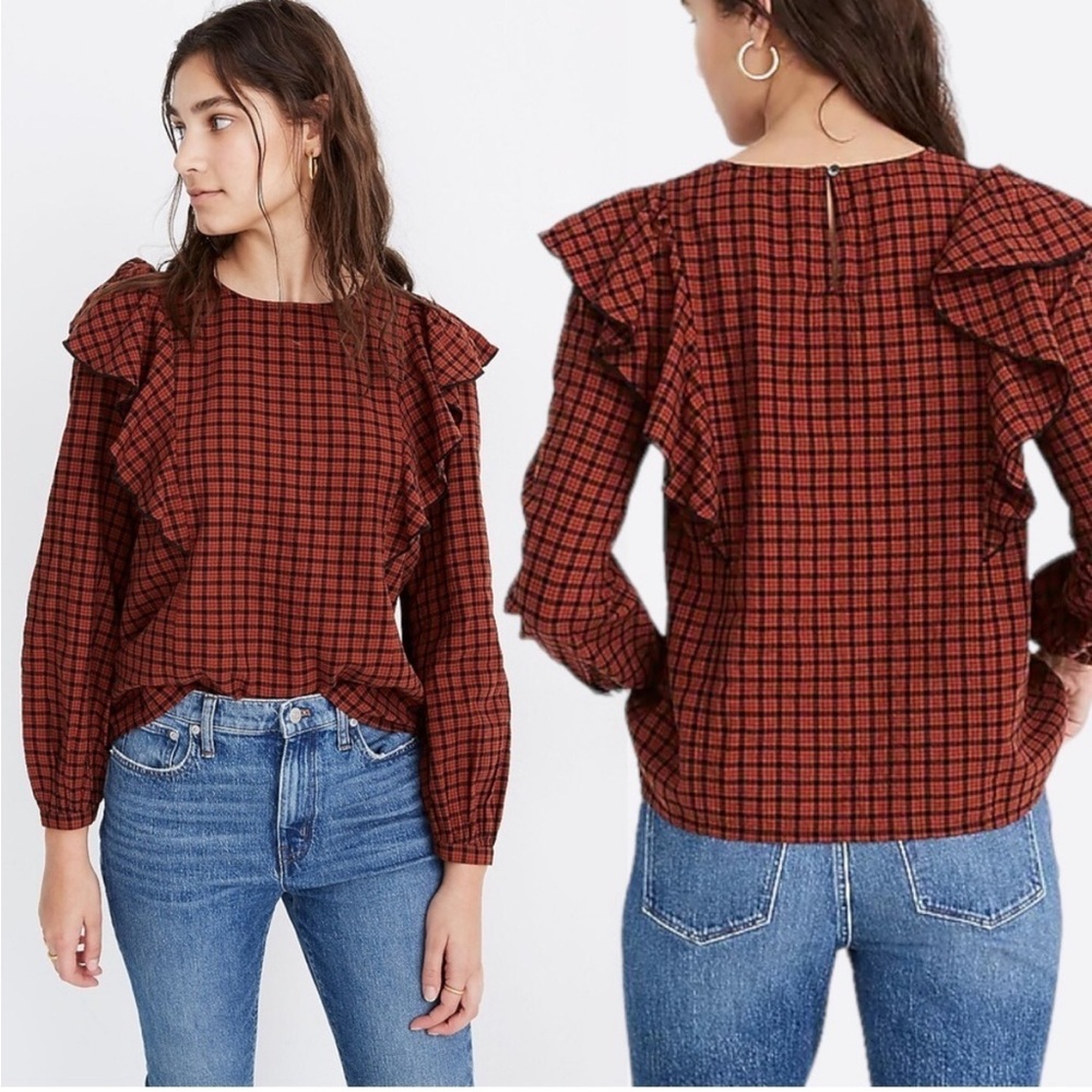 Madewell Ruffle Front Long Sleeve Orange & Black Plaid